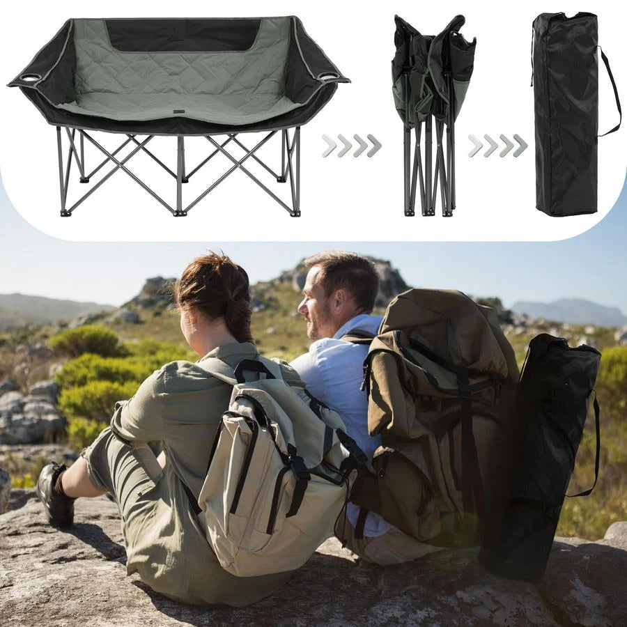 Double Camping Chair, 2 Person Oversized Loveseat for Adults, Portable Heavy Duty Outdoor Folding Chair with Arms, Cup Holder Ca