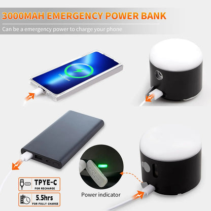 LED Camping Lantern Rechargeable, 3000mah Camping Tent Light with Fan, 4 Light Modes, Spray Function, Mini Light with Magnetic B
