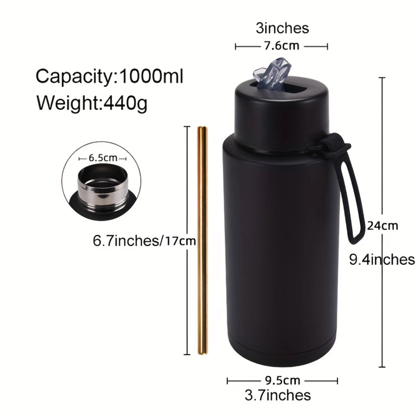 Stainless Steel Insulated Water Bottle, 35oz (1000ml) - Sports Travel Thermal Cup, Hot Cold Drink Flask with Straw Lid, Silicone