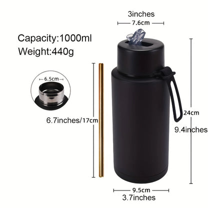 Stainless Steel Insulated Water Bottle, 35oz (1000ml) - Sports Travel Thermal Cup, Hot Cold Drink Flask with Straw Lid, Silicone