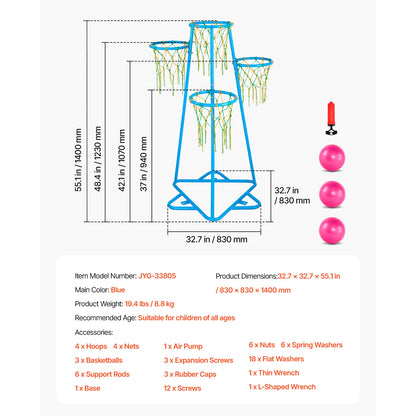 SucceBuy 4-Hoop Kids Basketball Hoop Stand with Adjustable Heights 3 Balls for Boys & Girls Indoor Outdoor Basketball Sport Toys