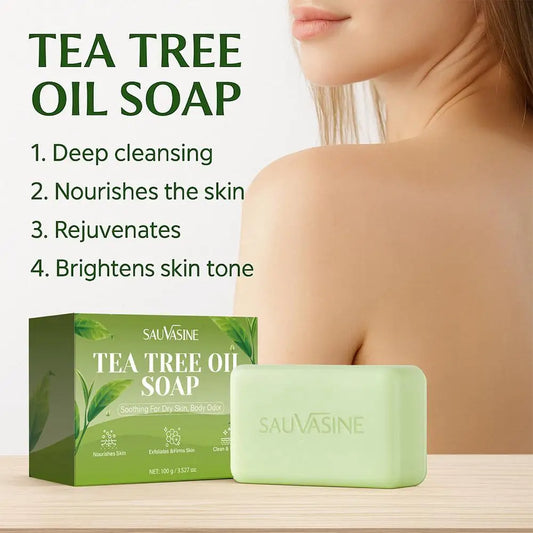 100G Tea Tree Oil Soap Bar for Men & Women, Deep Cleansing, Soothing for Dry Skin, Body Odor Care, Exfoliates & Firms Skin Care