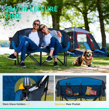 Extra Large Camping Loveseat for Two - Heavy Duty 850LBS Capacity, Padded Folding Chair with Drink Holders & Storage