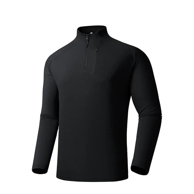 Quick-drying Gym Polo Shirts Men Summer Stand Collar Stretch Long Sleeves Outdoor Lightweight Zipper Pockets Sports Shirts