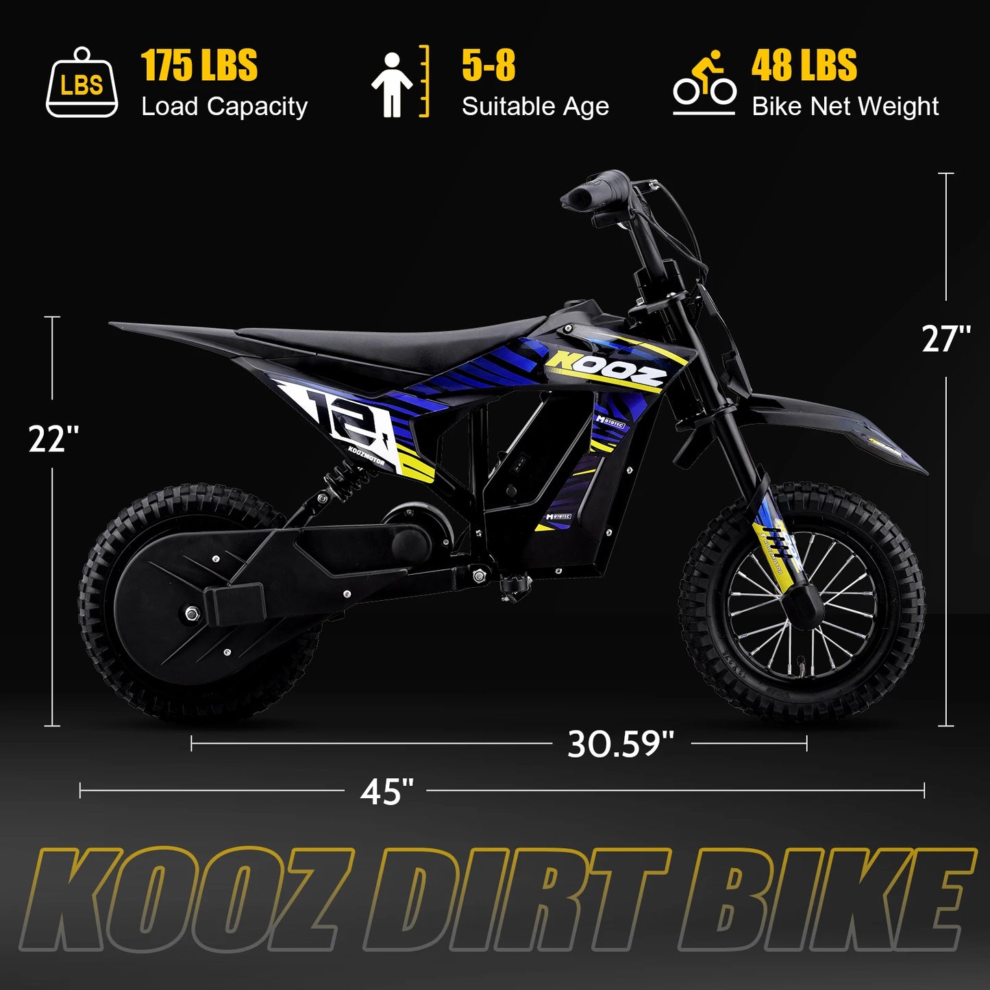 KOOZ HP122E 36V 300W Electric Dirt Bike  for Kids, 3 Speed Modes, Electric Motorcycle Up to 15.5 MPH & 11.8 Miles Long-Range.