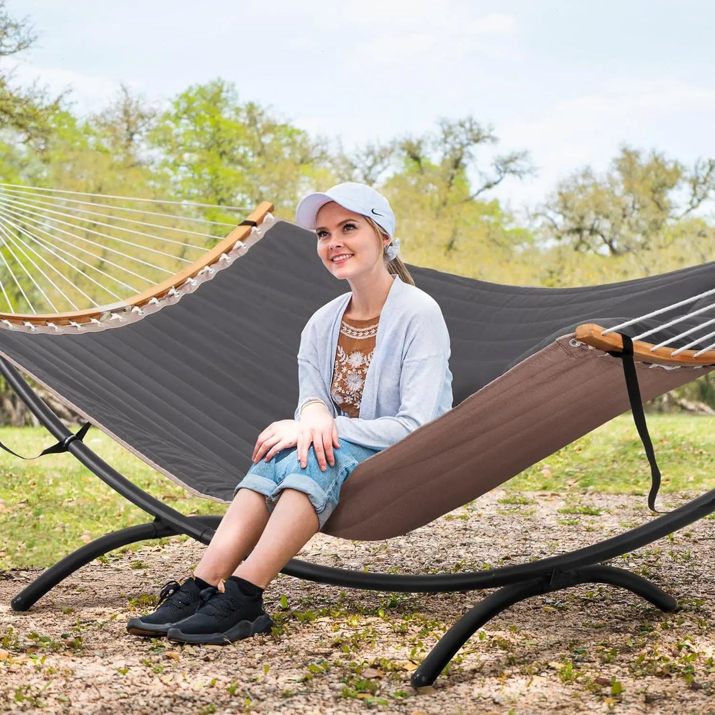 Portable Hammock with Stand, Foldable Patio Swing for 2-3 People, Heavy Duty Dark Gray