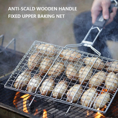 BBQ Grilling Basket Folding Fish Grill Basket Wooden Handle Vegetable Grill Basket Stainless Steel for Household Outdoor Camping