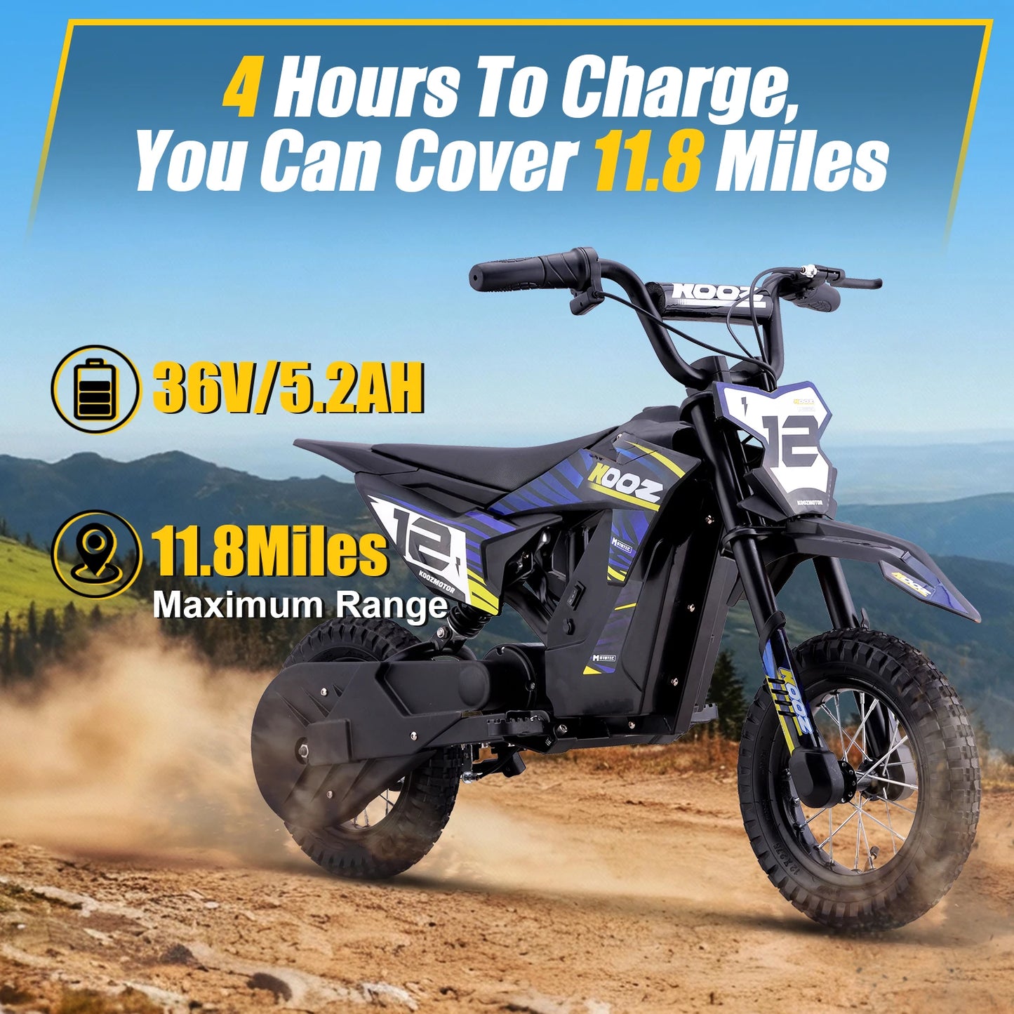 KOOZ HP122E 36V 300W Electric Dirt Bike  for Kids, 3 Speed Modes, Electric Motorcycle Up to 15.5 MPH & 11.8 Miles Long-Range.