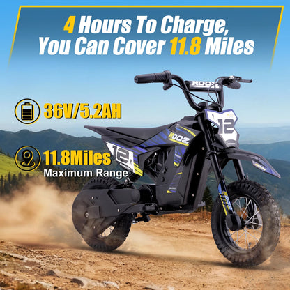 KOOZ HP122E 36V 300W Electric Dirt Bike  for Kids, 3 Speed Modes, Electric Motorcycle Up to 15.5 MPH & 11.8 Miles Long-Range.