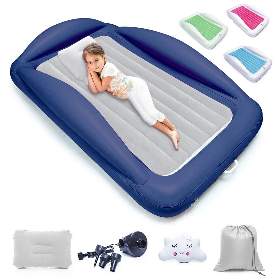 Inflatable Toddler Travel Bed Portable Kids Air Mattress Set w Safety Rail Guards for Kids amp Toddlers Includes Pump, Carry Cas