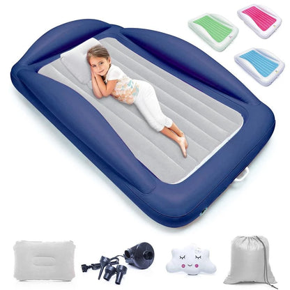 Inflatable Toddler Travel Bed Portable Kids Air Mattress Set w Safety Rail Guards for Kids amp Toddlers Includes Pump, Carry Cas