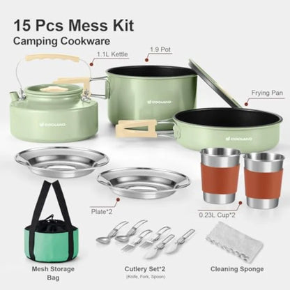 Odoland 15pcs Camping Cookware Mess Kit Non-Stick Lightweight Pot Pan Kettle Set with Stainless Steel Cups Plates Forks Knives