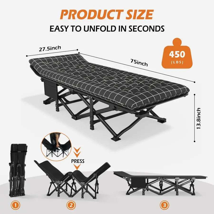 Camping Cot for Adults with Cushion Comfortable, Portable Folding Bed for Sleeping, Lightweight Folding Bed with Carry Bag for K