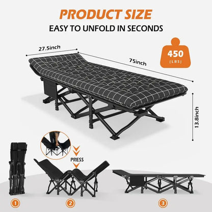 Camping Cot for Adults with Cushion Comfortable, Portable Folding Bed for Sleeping, Lightweight Folding Bed with Carry Bag for K
