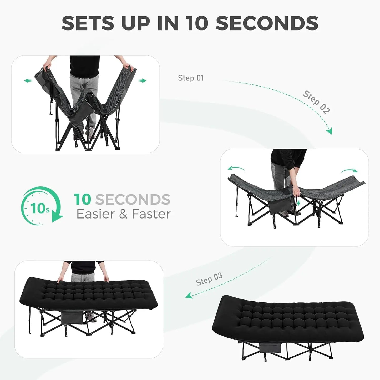 Extra Wide Camping Cot with Mattress, Heavy-Duty Portable Foldable for Adults, Guest Travel Hiking Black