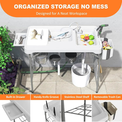 Portable Folding Fish Cleaning Table with Dual Sinks, Faucet, and Storage for Outdoor Camping and Picnics