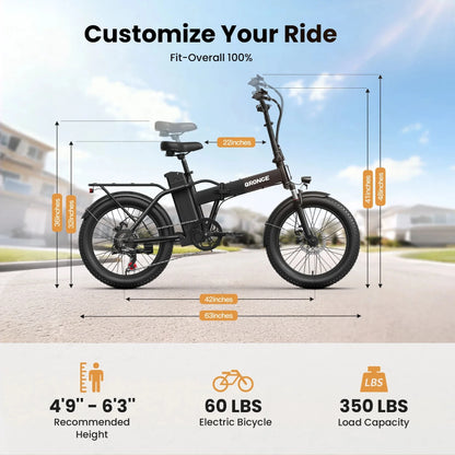 QRONGE Waterfall Folding Electric Bike 1000W Peak 48V 13.5AH Removable Battery Electric Bicycle 20" Fat Tire 28 MPH max E-Bike