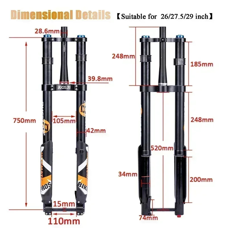 BUCKLOS Dual Crown Inverted Air Fork 26/27.5/29Inch DH MTB Air Suspension Fork 15*110mm Boost Fork E-bike Downhill Bike Parts