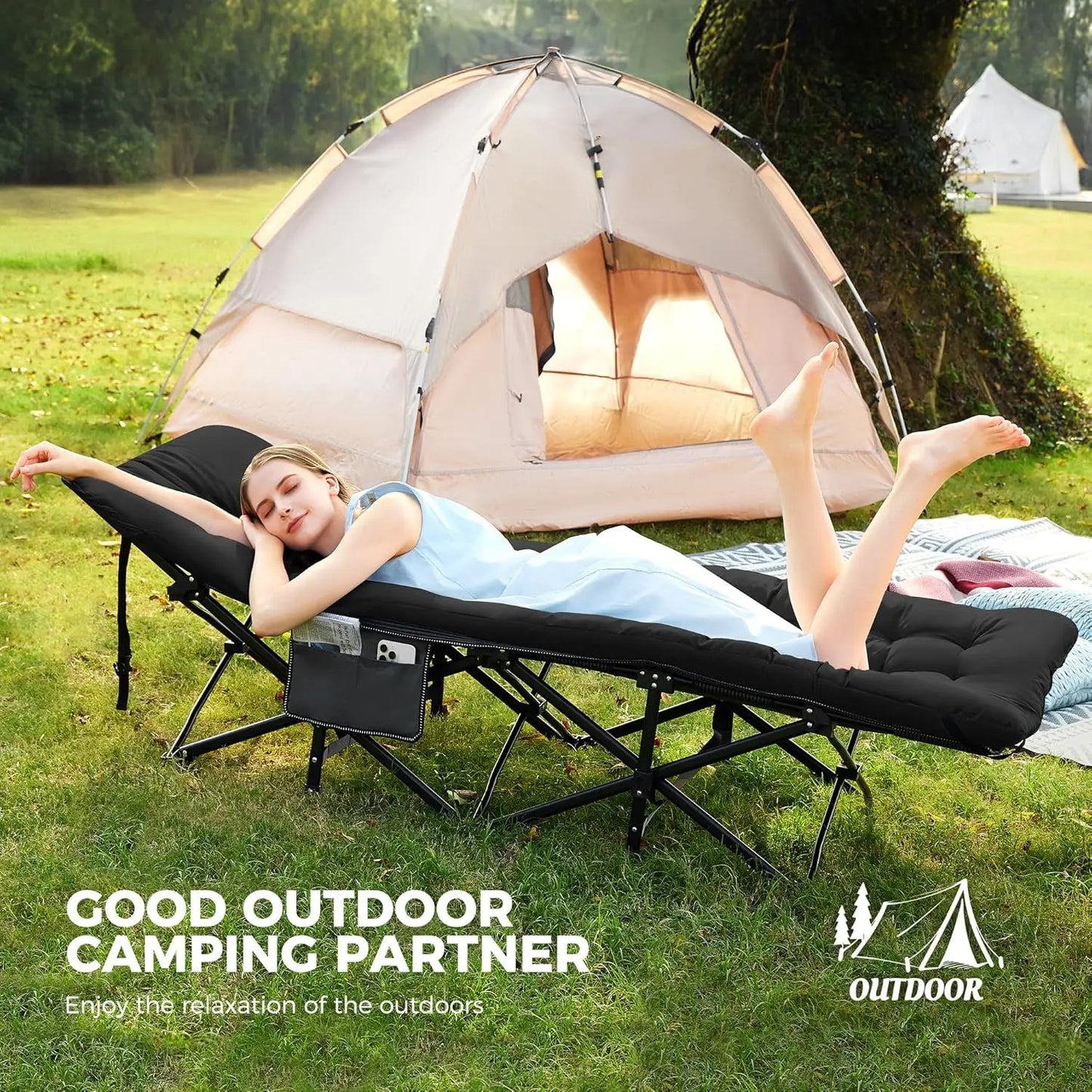 Extra Wide Camping Cot with Mattress, Heavy-Duty Portable Foldable for Adults, Guest Travel Hiking Black