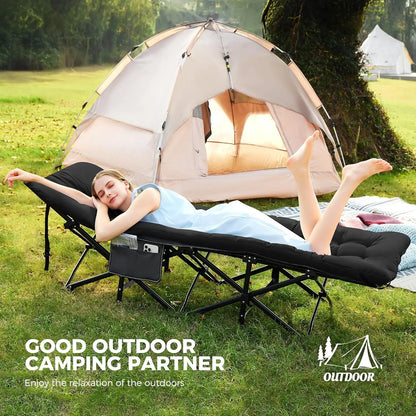 Extra Wide Camping Cot with Mattress, Heavy-Duty Portable Foldable for Adults, Guest Travel Hiking Black