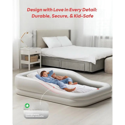 Inflatable Toddler Travel Bed with 3Sided Safety Bumpers, Extra Large Kids Air Mattress, Includes Detachable Mattress, Portable