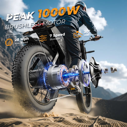 Varun X-Plorer Rapto Adult Dirt Electric Bike, 1000W Peak Power, 48V 20.8Ah, 20" Fat Tire, 28MPH, Ebike UL 2849, 1 Year Warranty
