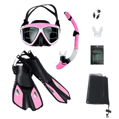 Mask Fins Snorkel Set, Snorkeling Gear for Adults, Panoramic View Snorkel Mask Anti-Fog, Adjustable Dive Flippers, Dry Top Snork