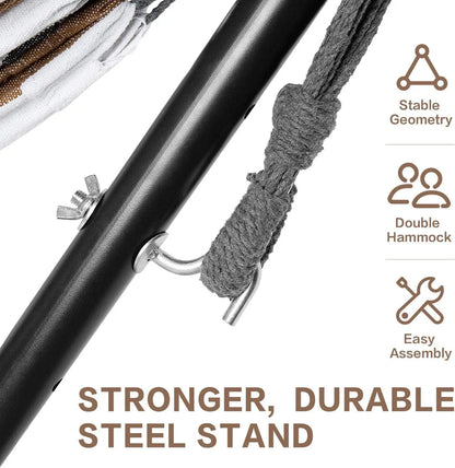 Double Hammock with Stand for Indoor Outdoor Use, Portable Steel Frame, Easy Assembly, 2 Person 450 lbs Capacity