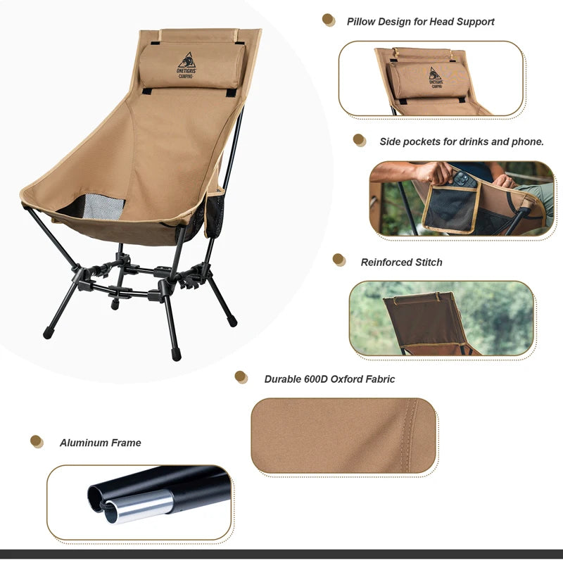 OneTigris Camping Folding Chairs Outdoor High Back Tourist Chair For Fishing Trekking BBQ Parties Gardening Beach Indoor Use