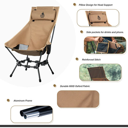 OneTigris Camping Folding Chairs Outdoor High Back Tourist Chair For Fishing Trekking BBQ Parties Gardening Beach Indoor Use
