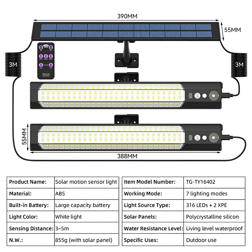 316/158 LED Solar Lamp Motion Sensor Outdoor Camping Wall Light Waterproof Solar Powered Security Light Garden Fence Garden
