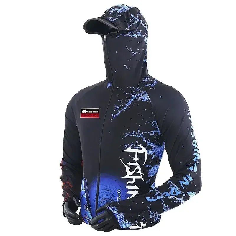 Quick Dry Fishing Shirt with Face Cover for Men, Breathable Fishing Clothes Set, Water and Fire, Thin, Summer