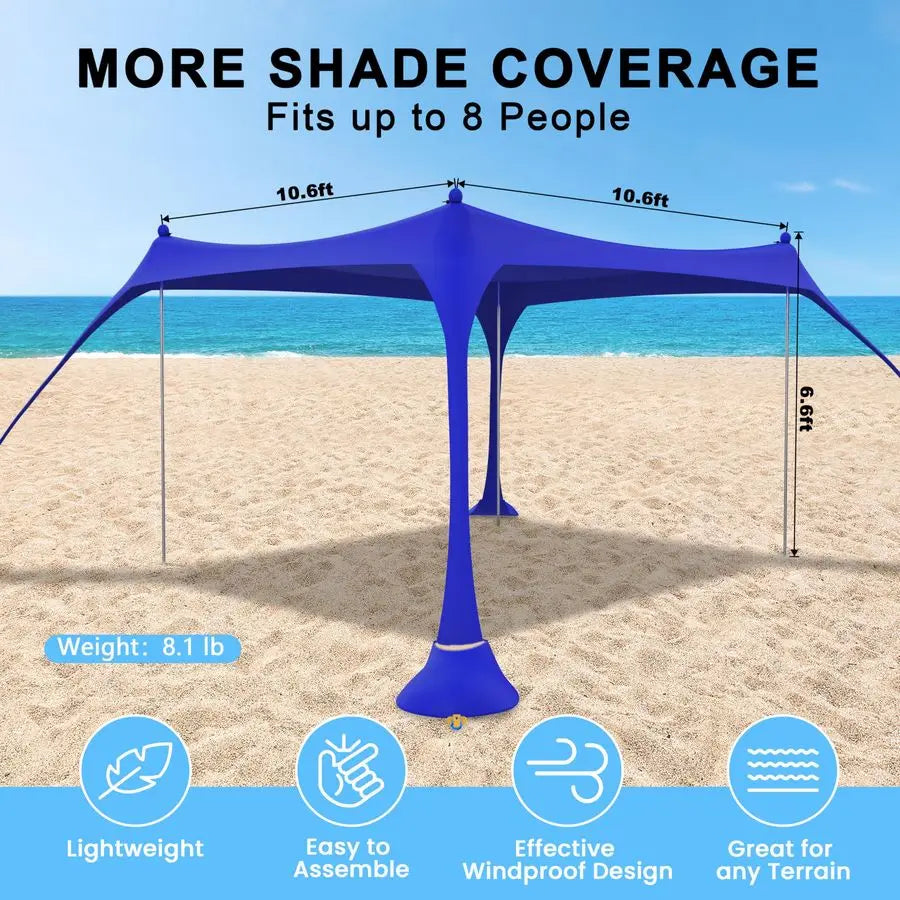 Beach Tent Sun Shelter 10X10FT UPF50 with 4 Aluminum Foldable Poles, Easy Setup Outdoor Shade Canopy for 8 Person, Camping Sun S