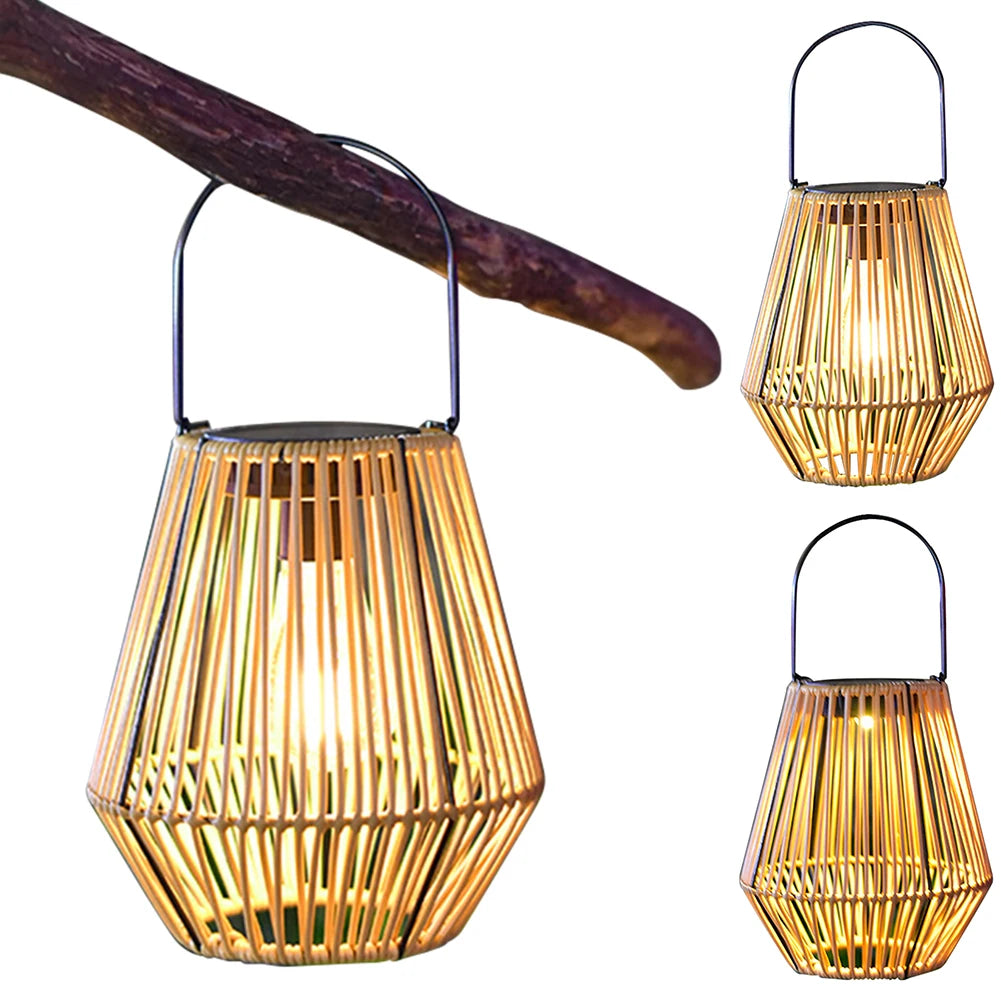 Rattan Solar Lantern IP65 Waterproof Hanging/Standing Outside Big Rattan Solar Light with Handle for Yard Garden Home Decoration