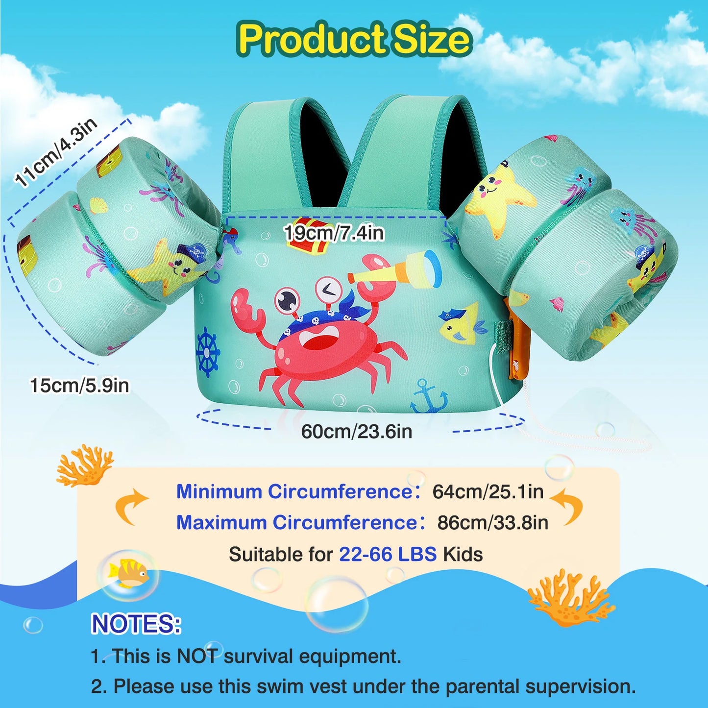 MoKo Toddler Swim Vest for Kids Swim Arm Floaties 30-60 lbs Boys and Girls Cartoon Swimming Water Wings Pool Float Vests Sleeves