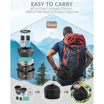 Ultralight Anodized Aluminum Camping Cookware Set for 2 People - Nesting Non Stick Pot/Pan with Foldable Handles Insulated Teap