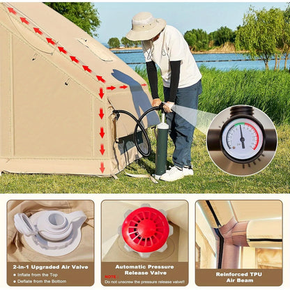 Inflatable tent camping for 1-6 people, hand pump inflation large tent, with skylight and chimney waterproof oxford cloth all