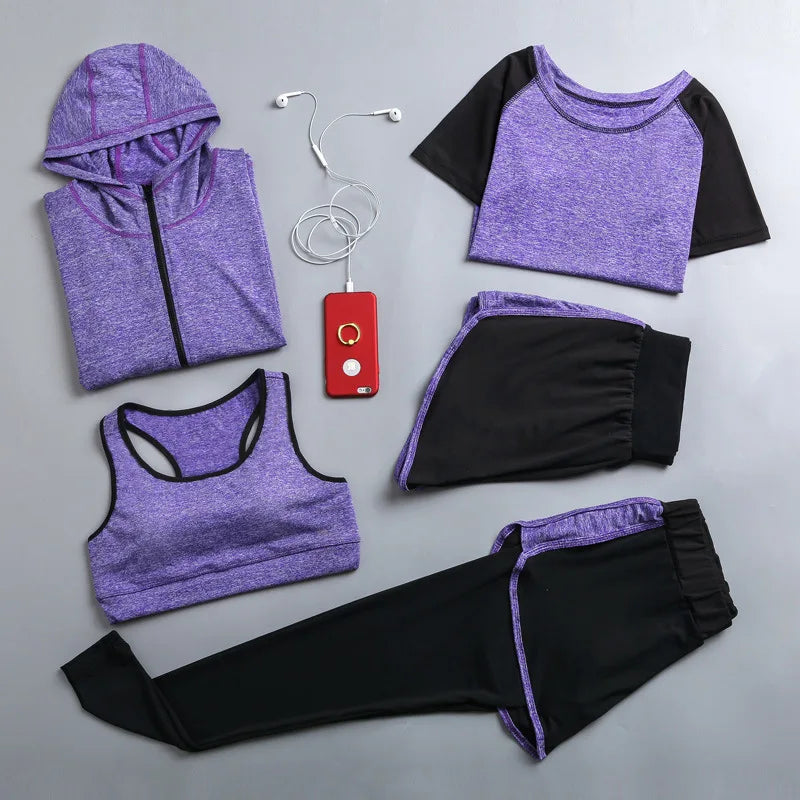 Quick dry women yoga clothing hooded coats+t shirt+bra+shorts+pants sets women autumn outdoor running sportswear gym Suits