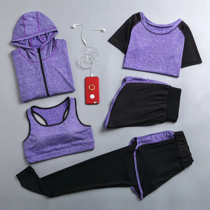 Quick dry women yoga clothing hooded coats+t shirt+bra+shorts+pants sets women autumn outdoor running sportswear gym Suits