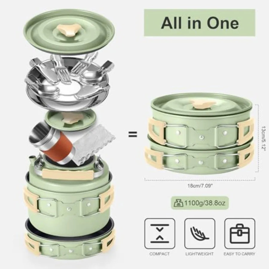 Odoland 15pcs Camping Cookware Mess Kit Non-Stick Lightweight Pot Pan Kettle Set with Stainless Steel Cups Plates Forks Knives