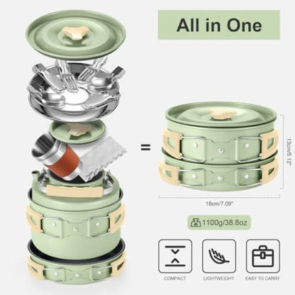 Odoland 15pcs Camping Cookware Mess Kit Non-Stick Lightweight Pot Pan Kettle Set with Stainless Steel Cups Plates Forks Knives