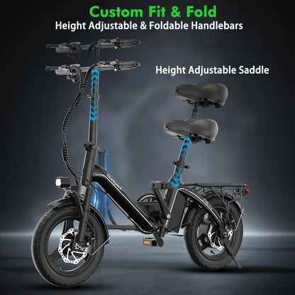 14" Foldable Electric bicycle for Adult, Peak 500W Motor with 36V 10.4Ah Removable Battery EBike Dual Disc Brake Bodywel T16pro