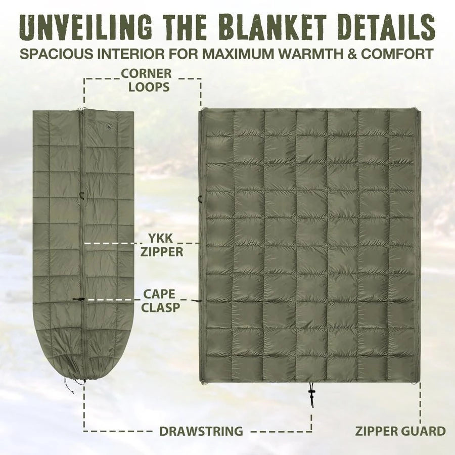 Thinsulate Insulation Puffy Camping Blanket for Cold Weather, Queen Size Warm Camping Quilt with Zipper, Waterproof Outdoor Slee