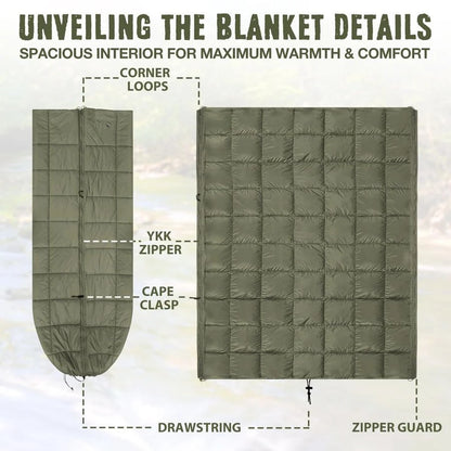 Thinsulate Insulation Puffy Camping Blanket for Cold Weather, Queen Size Warm Camping Quilt with Zipper, Waterproof Outdoor Slee