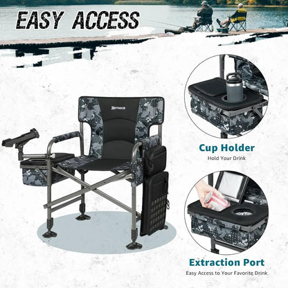 Folding Fishing Chair with Rod Holder, Adjustable Legs and Cooler Bag for Outdoor Camping, Ice Fishing, Patio