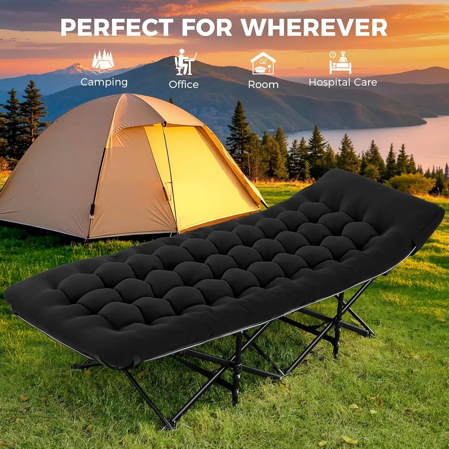 Extra Wide Camping Cot with Mattress, Heavy-Duty Portable Foldable for Adults, Guest Travel Hiking Black
