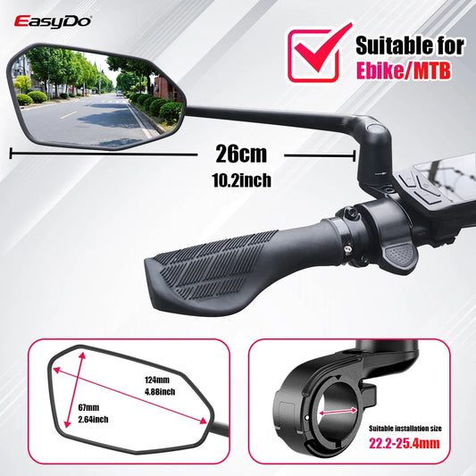 EasyDo Bike Mirror Electric Bike Handlebar Rearview Mirror with 360 Rotatable bike Extended Mirror Arm for Road Mountain Cycling