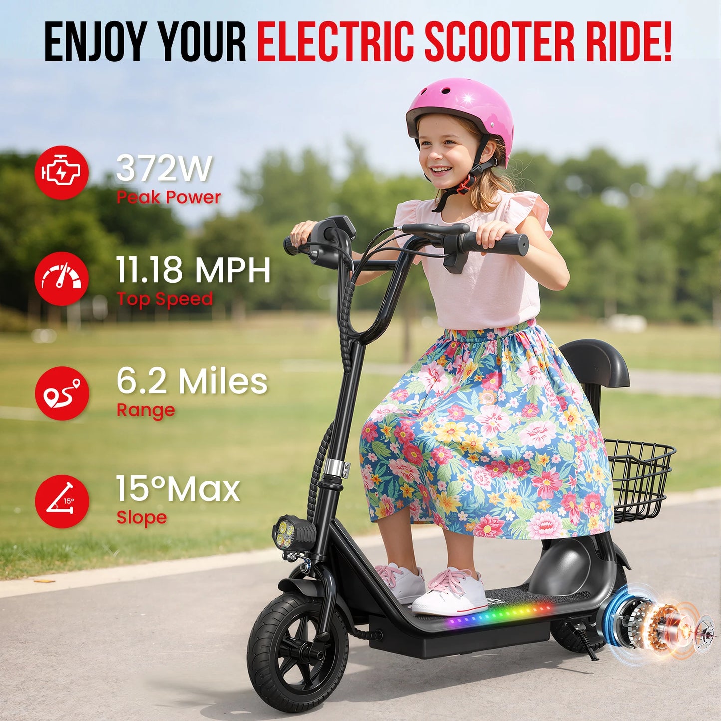 Spacewalk 36V Kids Electric Scooter with Seat,250W Peak Motor,6.2 Miles 11MPH,Foldable Electric Scooter for Kids with 8" Tires