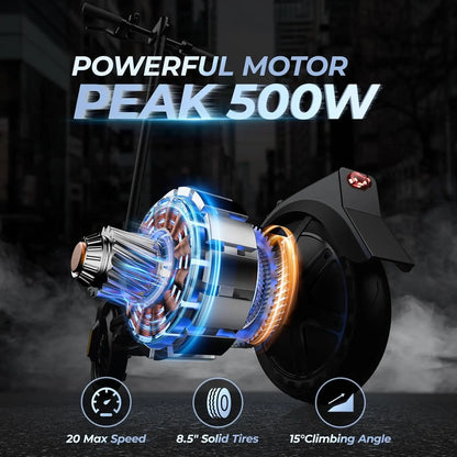 Electric Scooter Foldable E-Scooter 500W 20mph 8.5 Inch Anti-Slip Tire 20 Miles Long Range Dual Suspension for Adults Commuting
