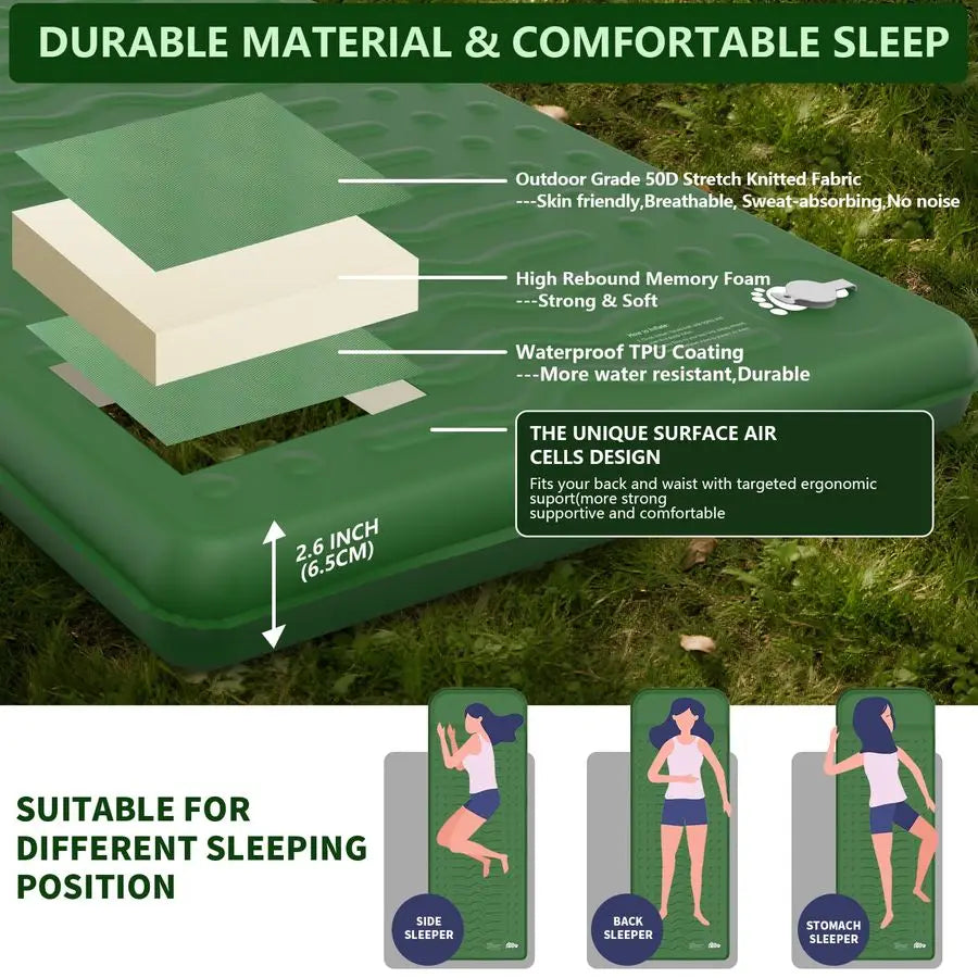 Memory Sleeping Pad, Compact Thick Foam Sleeping Mats with Pillow, 9.5 RValue Insulated Camping Mattress Pad, Easy Inflate amp D